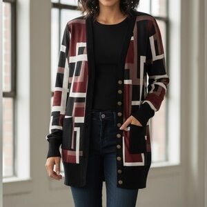 3/25$ (Mix)Lily by Firmiana Black Tan Geometric Snap Button Cardigan, S